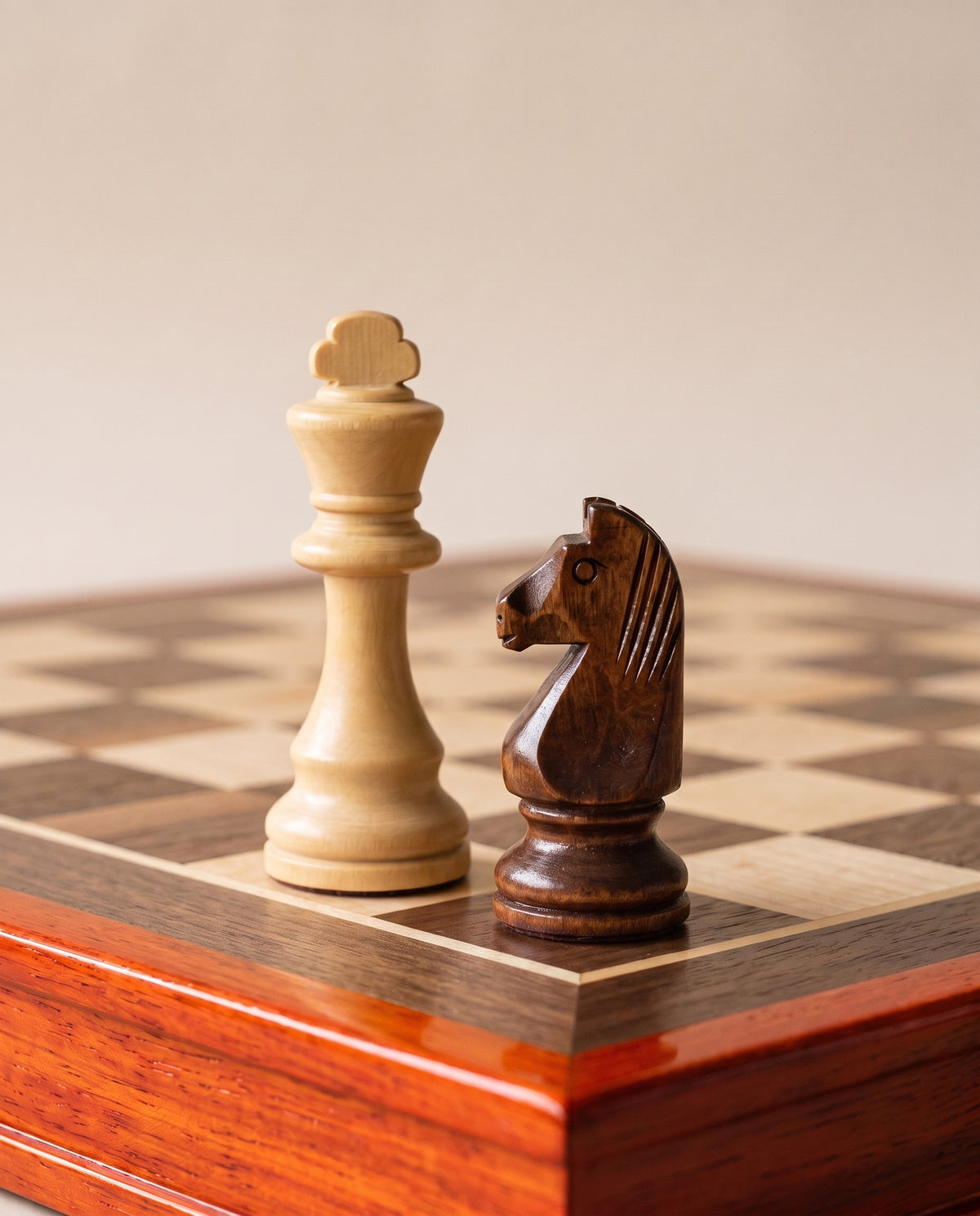 Roi en buis et cavalier foncé posés sur le coin d'un échiquier