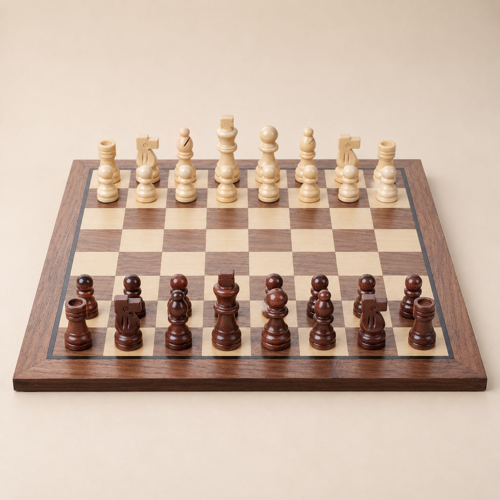 Anglaise, échiquier en bois classique · vue d'ensemble sur fond beige