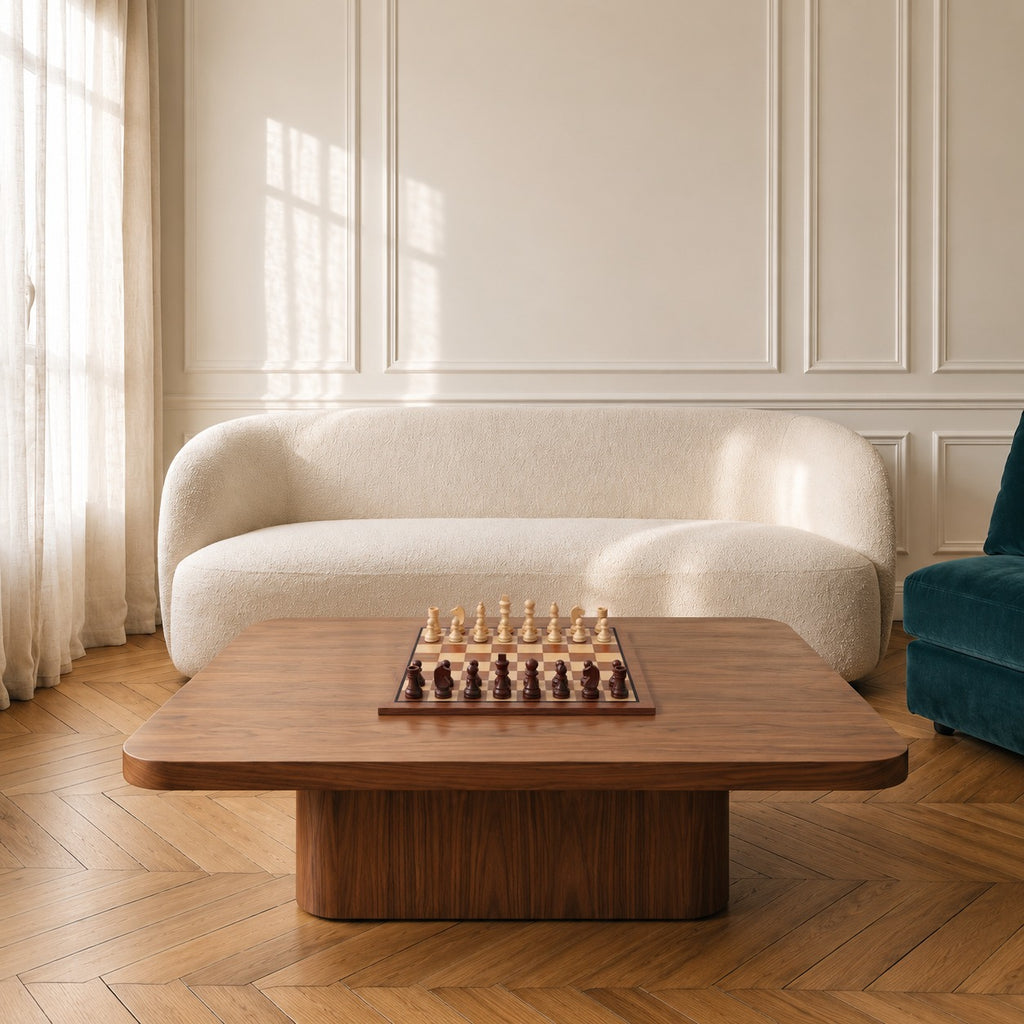 Anglaise, échiquier en bois classique · posé sur une table basse de salon