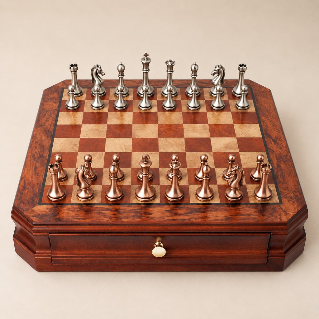 Clouage, coffret d’échecs octogonal façon ronce · vue d'ensemble sur fond beige