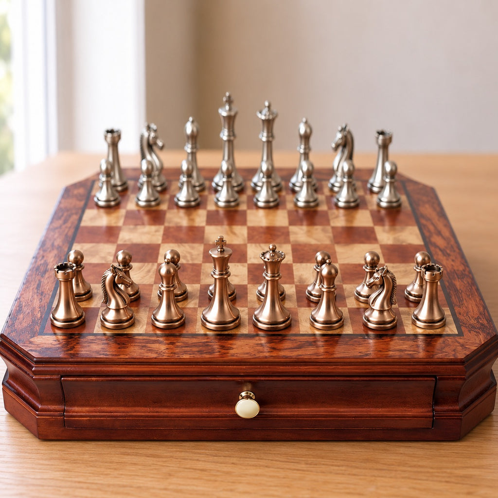 Clouage, coffret d’échecs octogonal façon ronce · gros plan sur les pièces