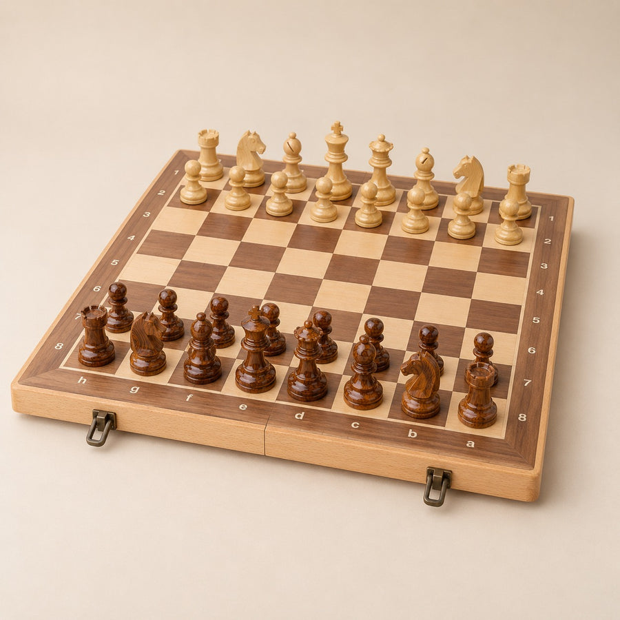 Écossaise, échiquier pliant en bois · vue d'ensemble sur fond beige