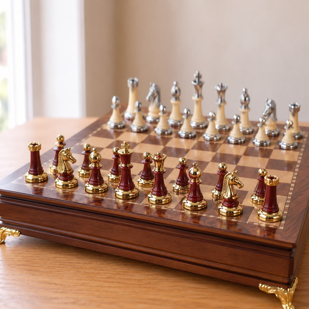 Fianchetto, coffret d’échecs sur pieds dorés · gros plan sur les pièces