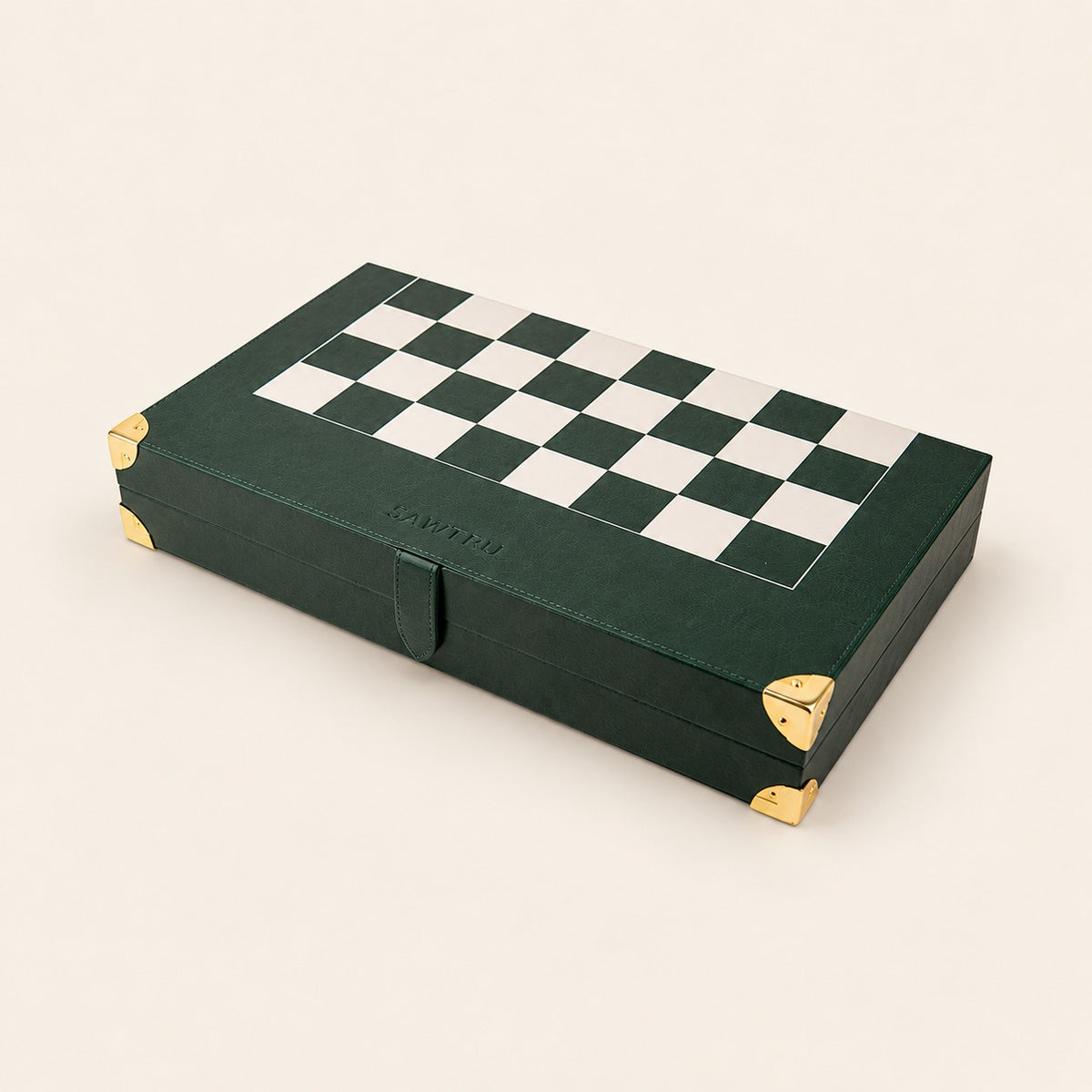 Finale, coffret pliant vert fermé, coins dorés et fermeture à languette
