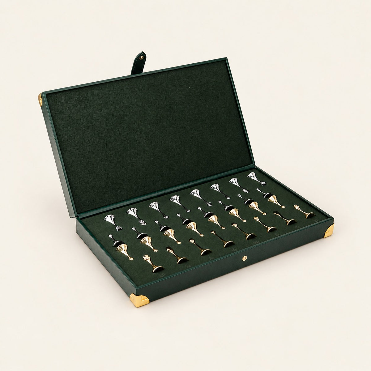 Finale, coffret pliant vert ouvert, rangement intérieur des pièces or et argent