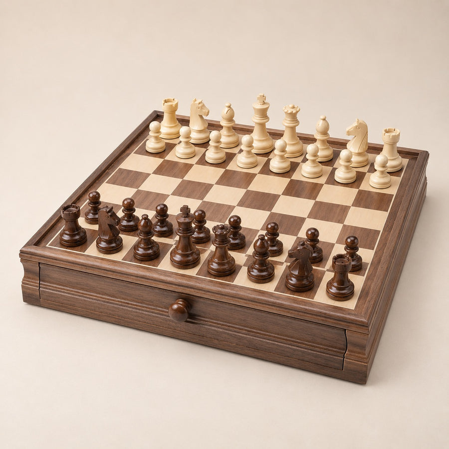 Gambit, échiquier coffret échecs et dames en bois finition noyer · vue d'ensemble sur fond beige