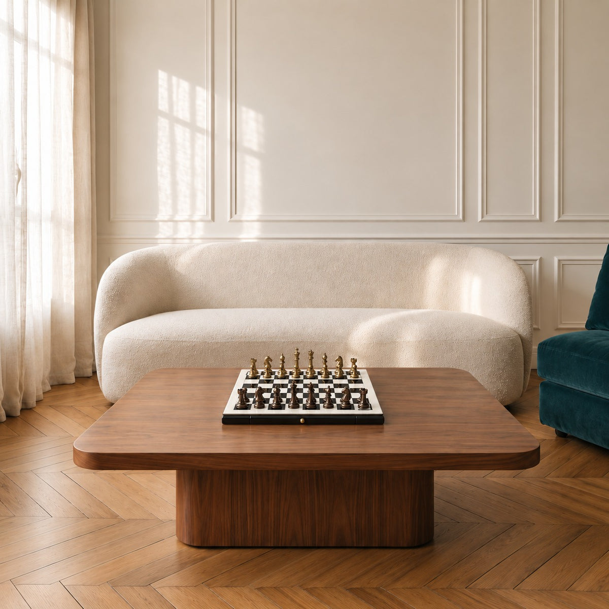Ouverture, échiquier laqué blanc façon piano à tiroirs · posé sur une table basse de salon