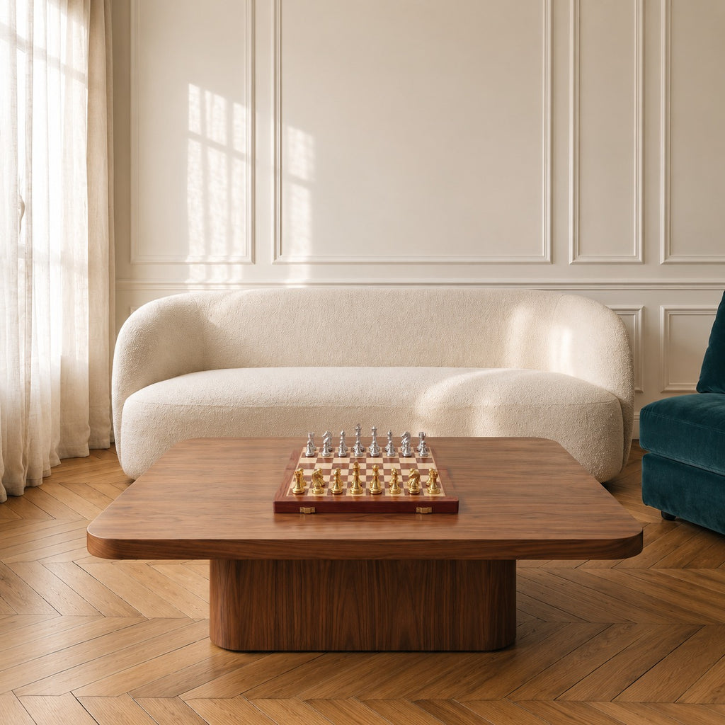 Roque, échiquier pliant en bois · posé sur une table basse de salon