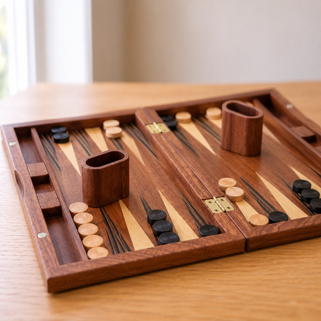 Trictrac, backgammon pliant en bois · gros plan sur le plateau