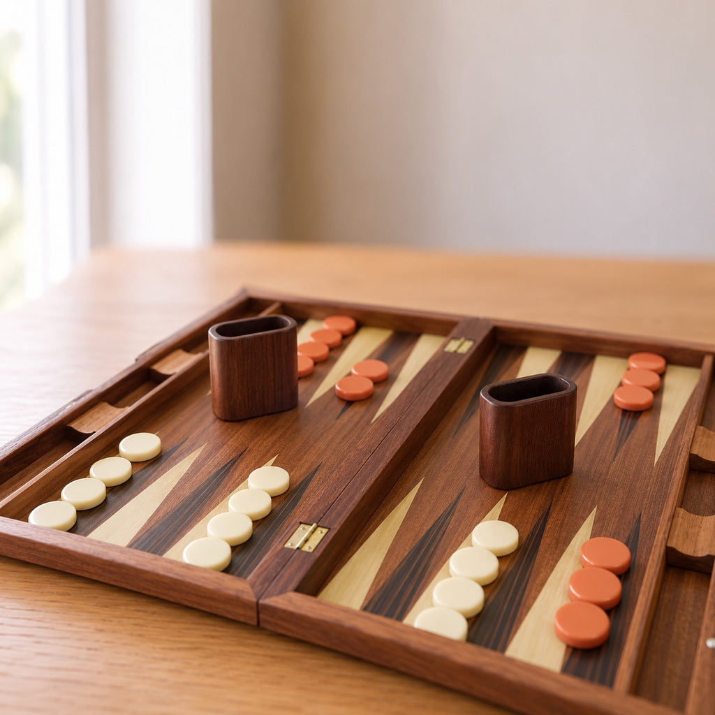 Videau, backgammon pliant en bois · gros plan sur le plateau